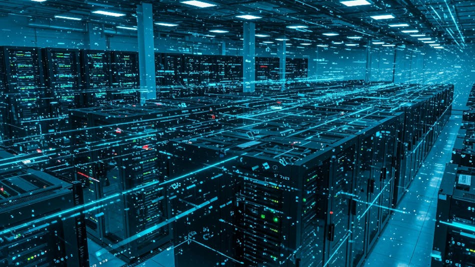 A vast data center hall filled with server racks, overlaid with a glowing blue digital-network visualization.