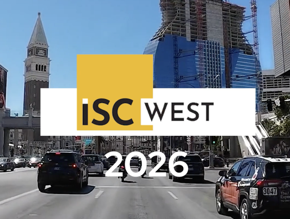 An ISC West 2026 title card over a street view of the Las Vegas Strip near the Venetian.