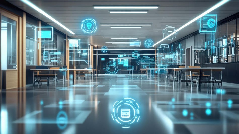 A futuristic school hallway with translucent blue holographic sensor and data icons floating above lockers and tables.