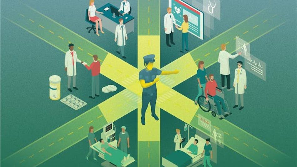Isometric illustration of a traffic cop at a crossroads directing traffic between healthcare scenes — a pharmacy, a doctor's office, a hospital bed, and a telehealth screen.