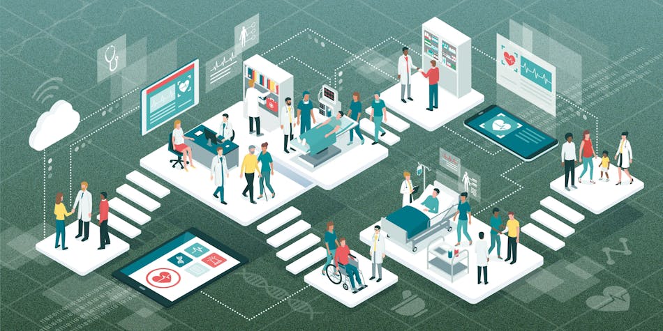Isometric illustration of a connected hospital network — nurses' stations, patient rooms, and mobile devices linked by dotted data lines to a central cloud icon.