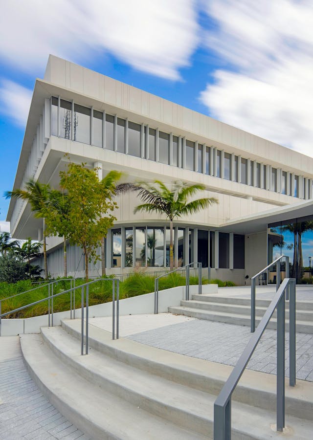 A modern white civic building with palm trees and curved concrete steps leading to the entrance.